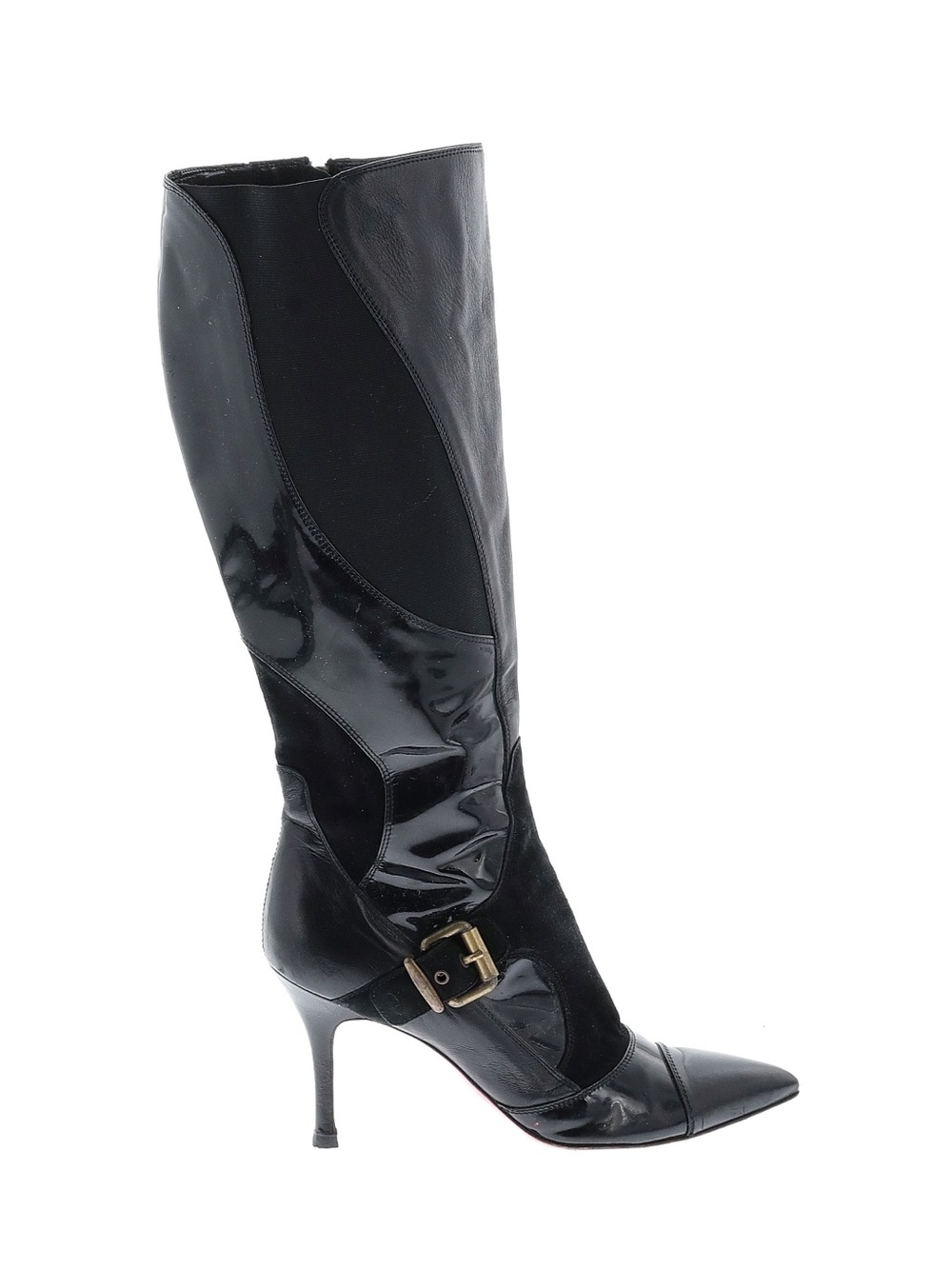 Luciano Padovan Black Leather Patent Knee High Stiletto Boots